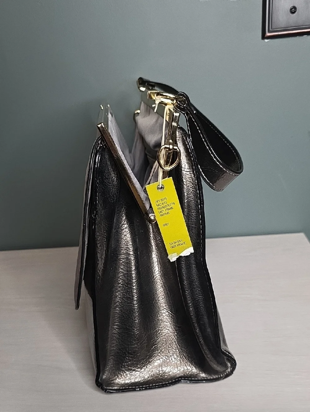Ganni Two-Tone Gray Suede & Metallic Top-Handle Bag Lady Frame Satchel NWT